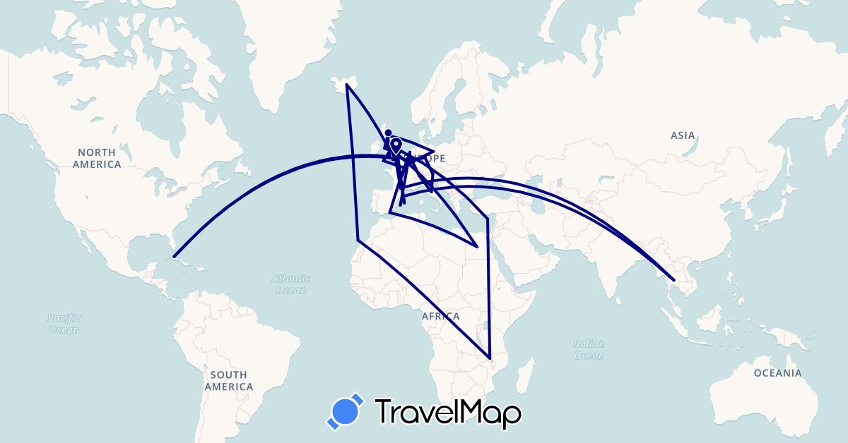 TravelMap itinerary: driving in Austria, Belgium, Switzerland, Cuba, Cyprus, Germany, Egypt, Spain, France, United Kingdom, Iceland, Italy, Luxembourg, Malawi, Netherlands, Thailand (Africa, Asia, Europe, North America)